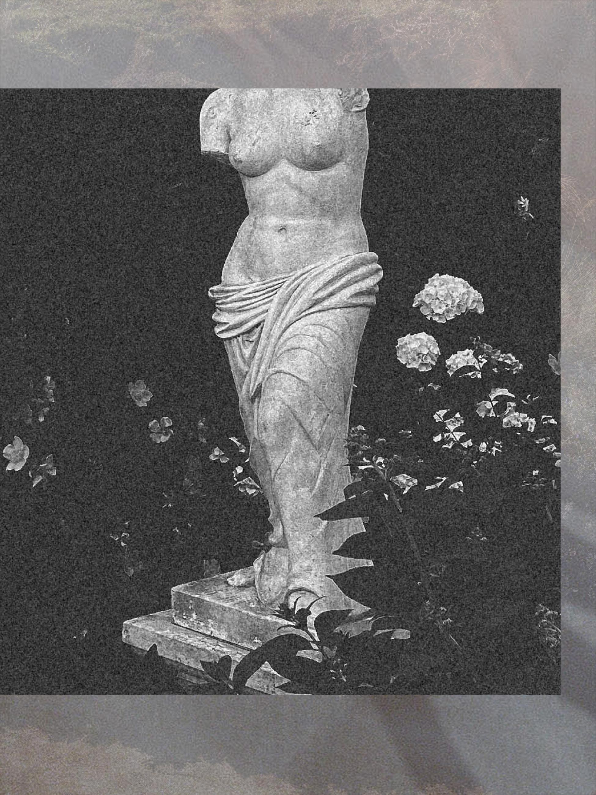 Cover des Buches 'slow circle' von Lydia Trappenberg. Schwarz/Weißes Foto, eine weiße Marmorfigur auf schwarzem Hintergrund in einem Rhododendronbusch. 